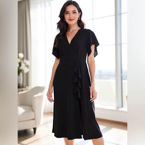 Cooan Dresses & Skirts - NWT Cooan Black V-Neck Ruffle Midi Dress Evening Cocktail L